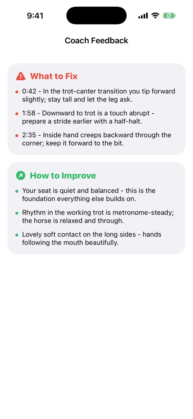 Gallopa AI coach feedback with timestamped corrections and improvements from a riding video