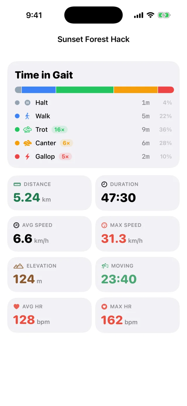 Gallopa gait analysis screen with time in walk, trot, canter and gallop
