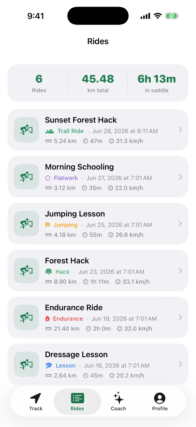Gallopa riding logbook with saved rides, dates, distances and ride types