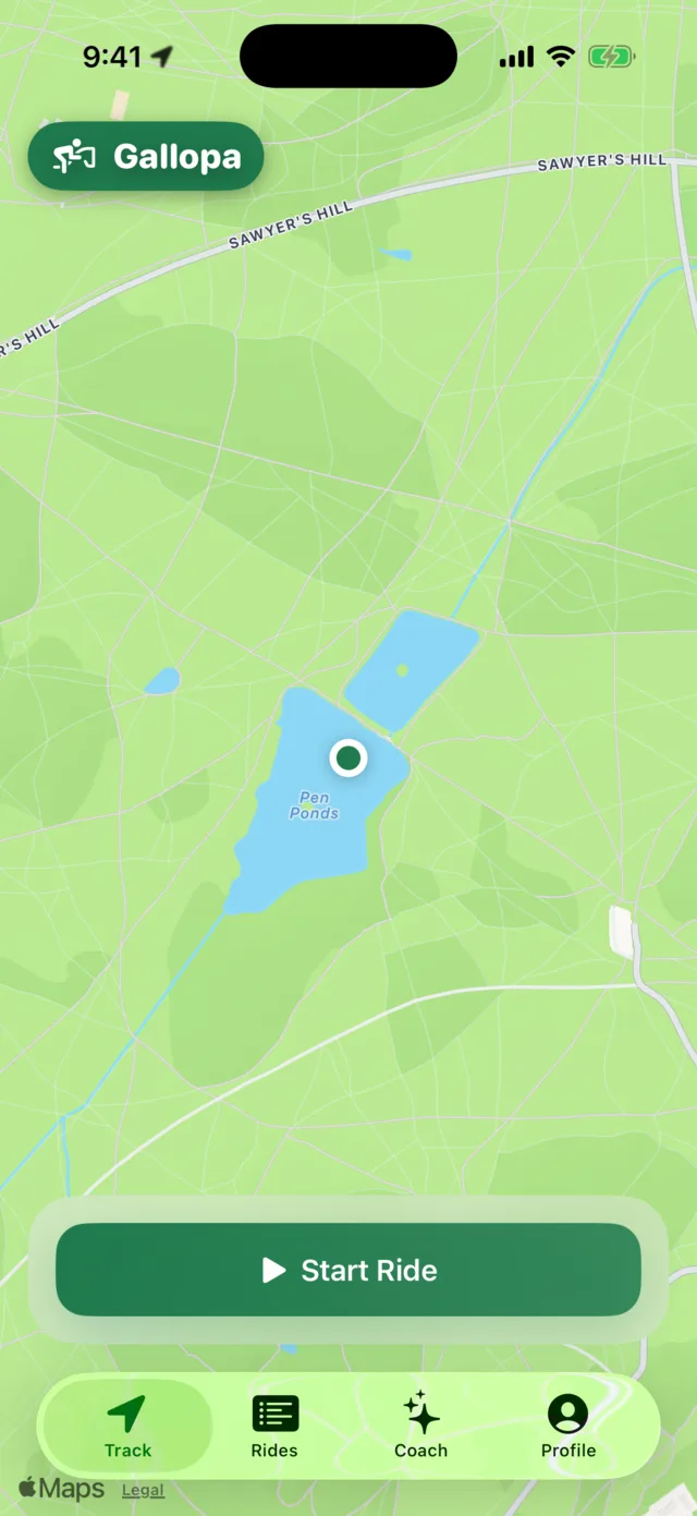Gallopa live ride tracking with GPS route, gait banner and live stats