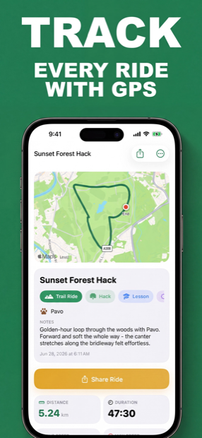 Gallopa ride tracking screen with route map and stats